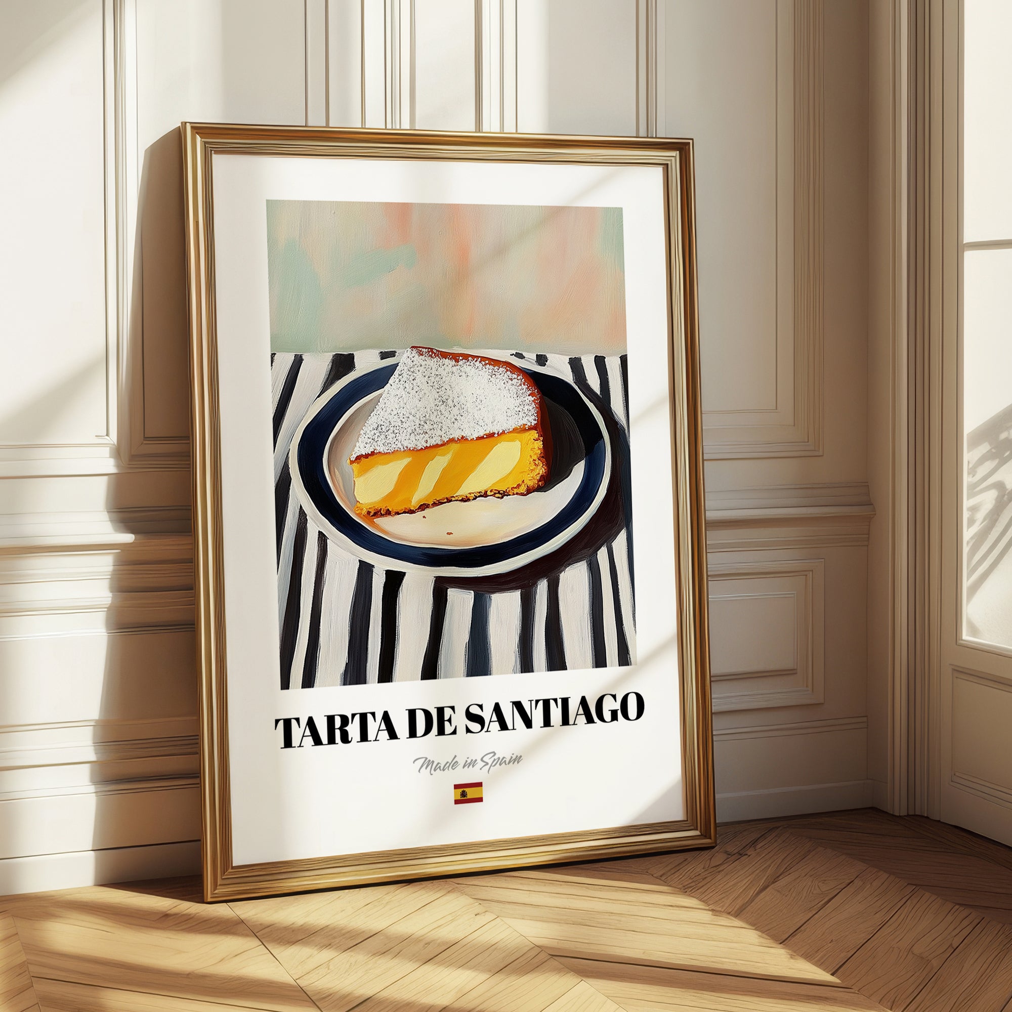 Tarta de Santiago – on Striped Tablecloth, Spanish Dessert Illustration 
