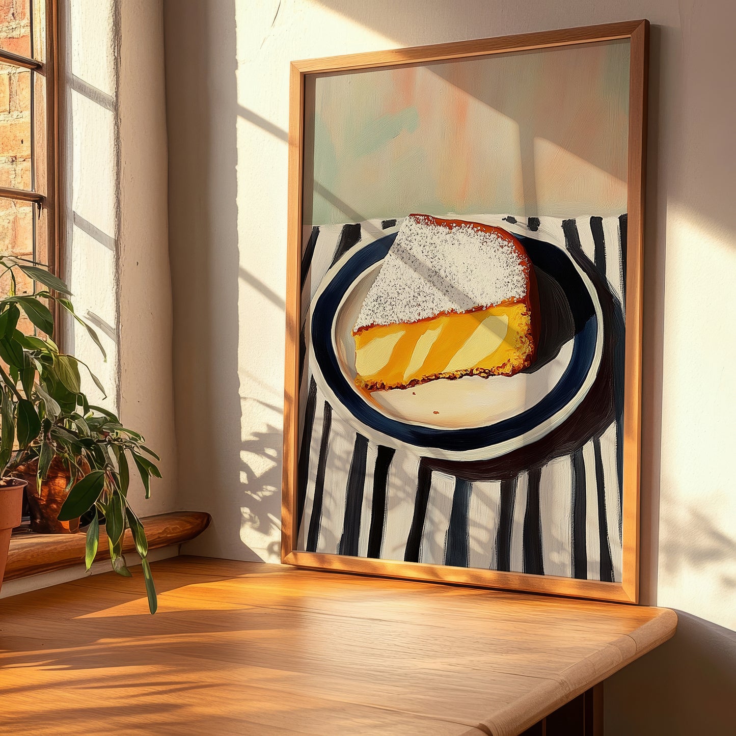 Tarta de Santiago – on Striped Tablecloth, Spanish Dessert Illustration, clean layout with no caption