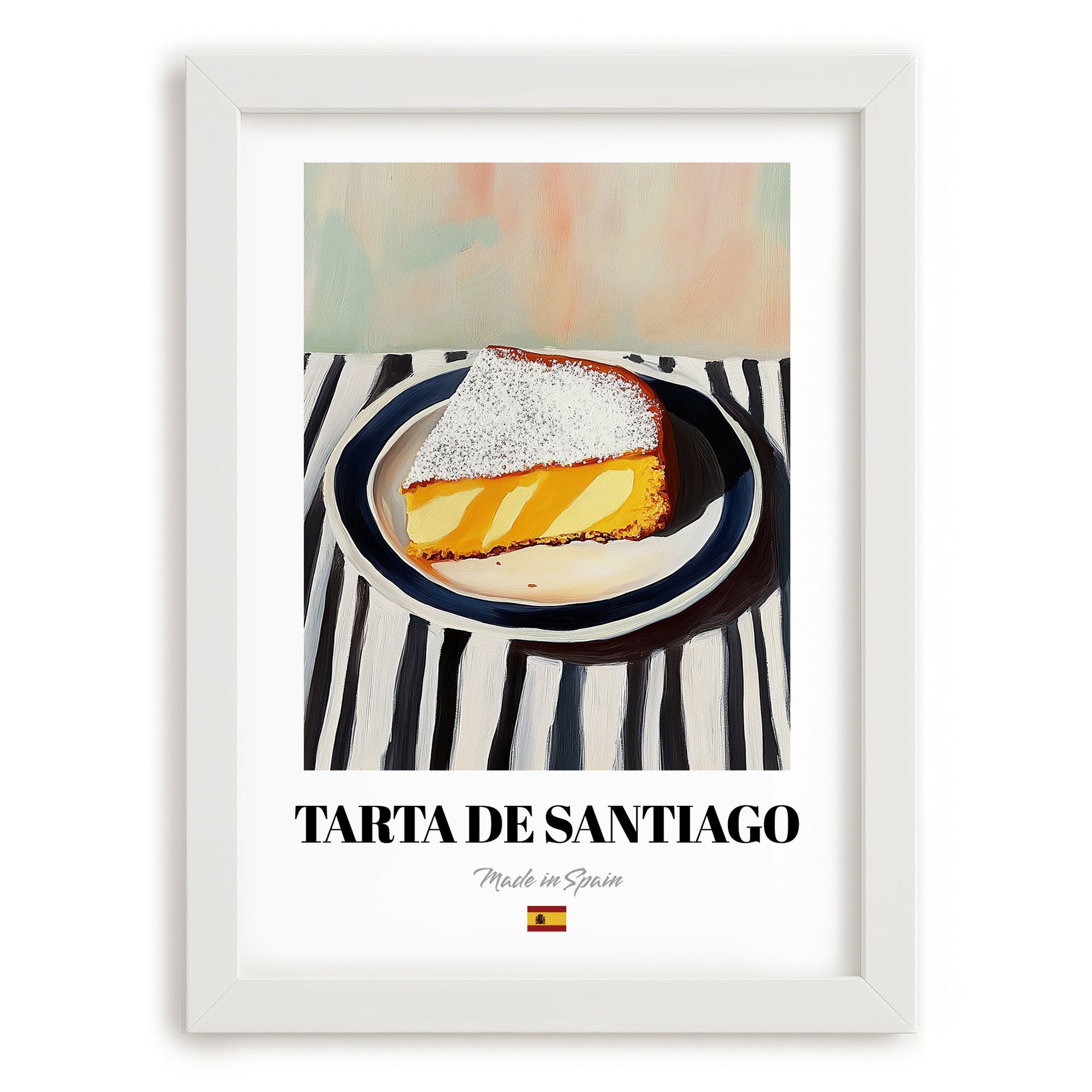 Tarta de Santiago – on Striped Tablecloth, Spanish Dessert Illustration, placed in minimal white frame