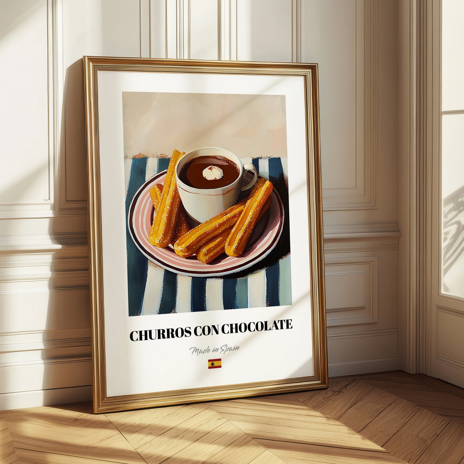 Churros con Chocolate – on Striped Tablecloth, Spanish Dessert Illustration 