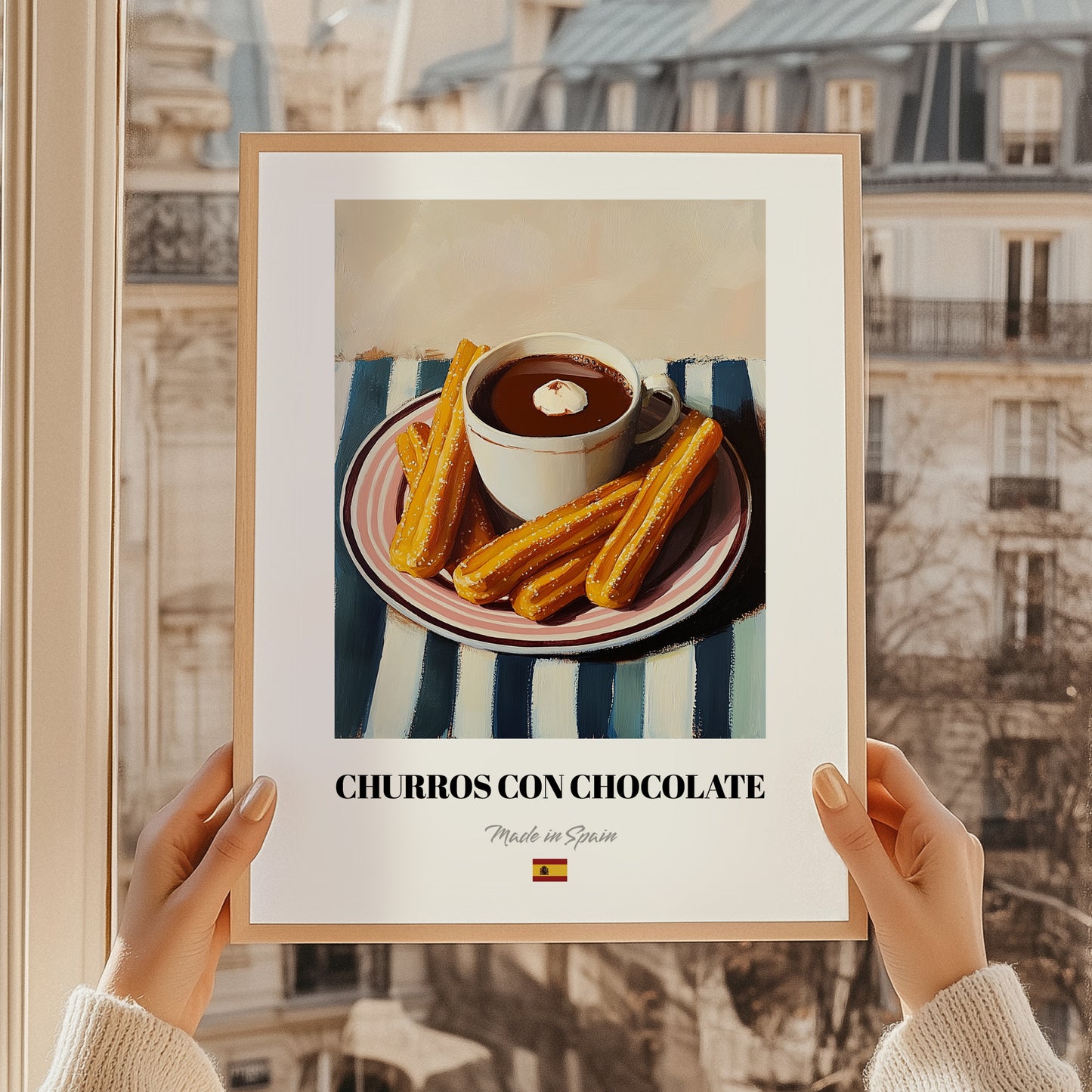 Churros con Chocolate – on Striped Tablecloth, Spanish Dessert Illustration, styled in a charming Paris street view