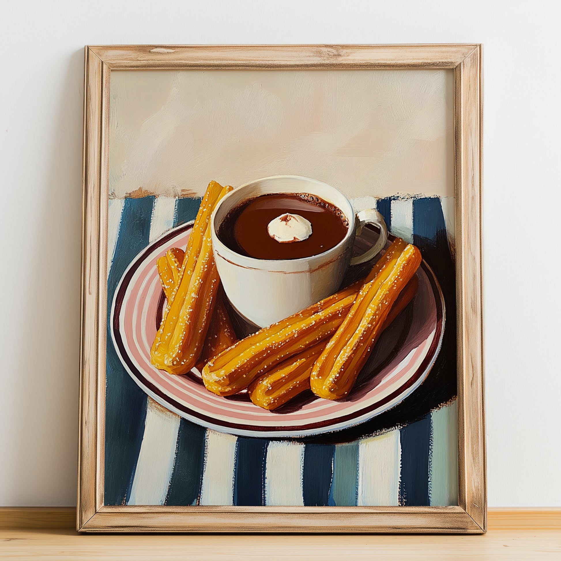 Churros con Chocolate – on Striped Tablecloth, Spanish Dessert Illustration, no-text version framed in wood