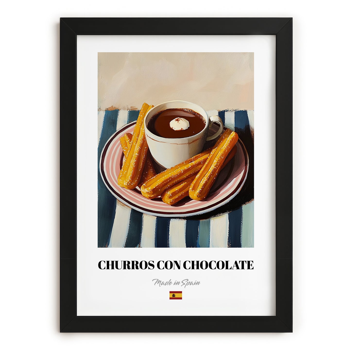 Churros con Chocolate – on Striped Tablecloth, Spanish Dessert Illustration, in sleek black frame