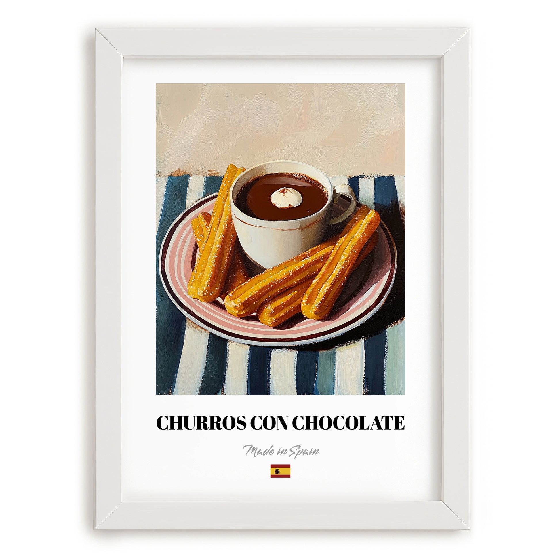 Churros con Chocolate – on Striped Tablecloth, Spanish Dessert Illustration, placed in minimal white frame