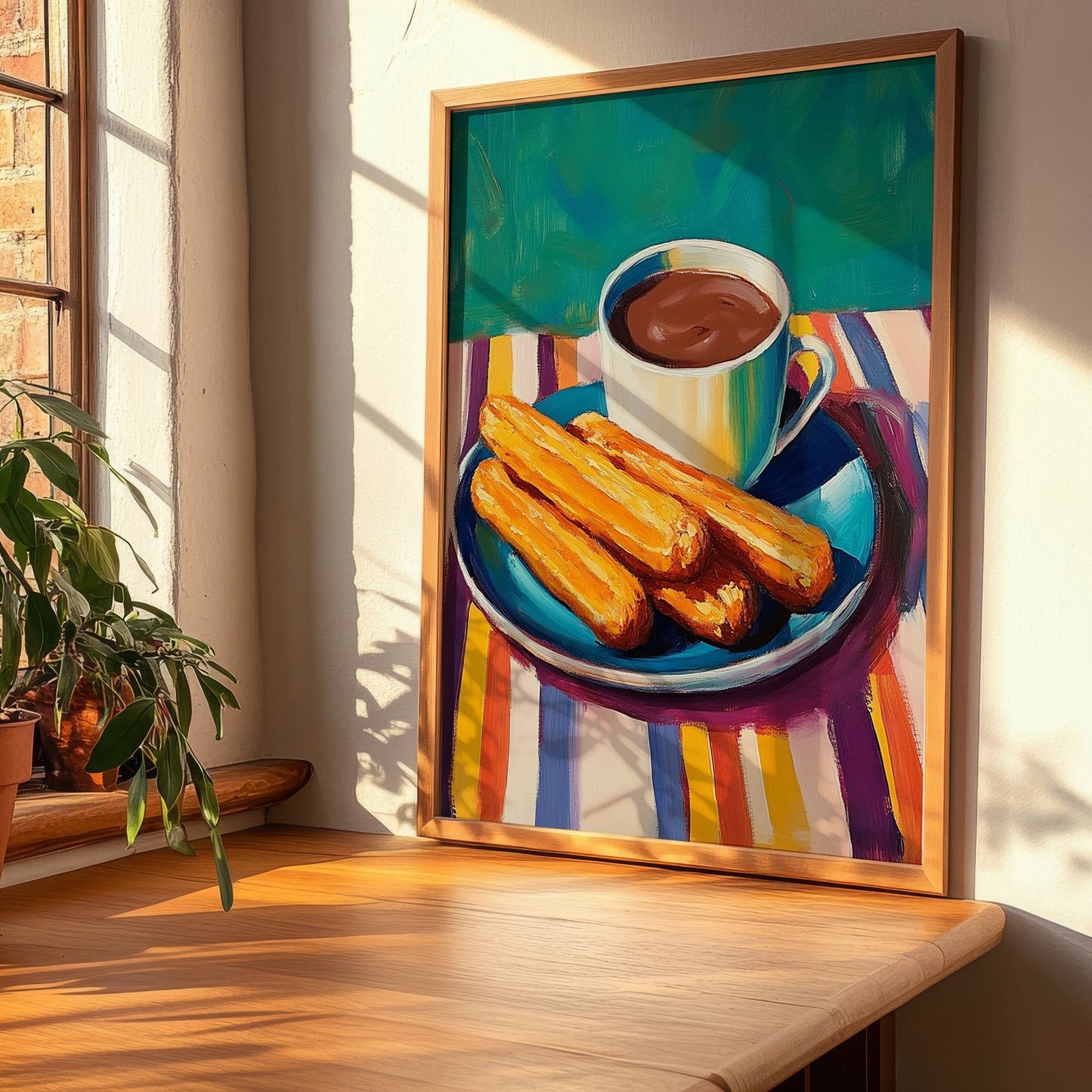 Churros con Chocolate – Colorful Oil Painting, Spanish Dessert Poster, clean layout with no caption