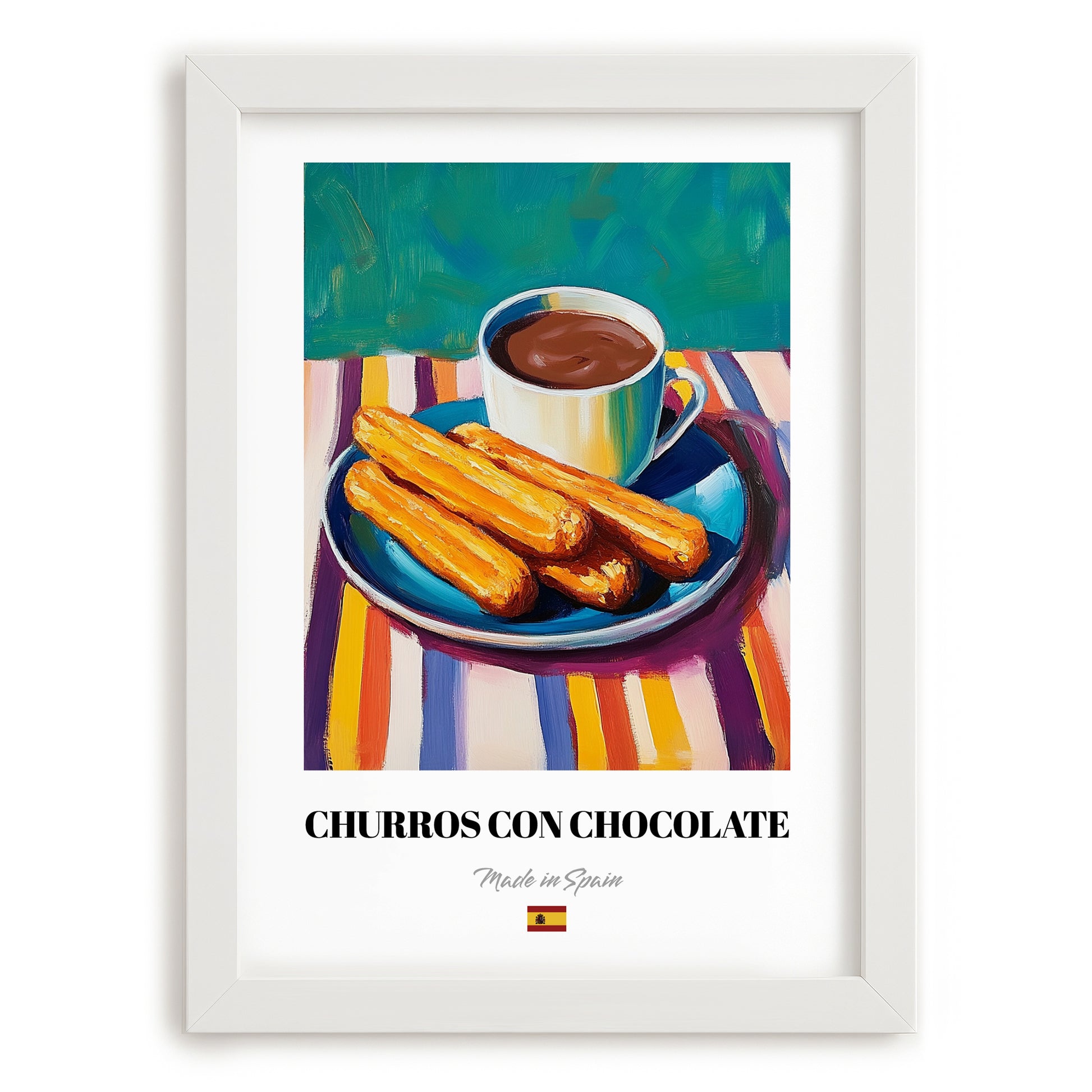 Churros con Chocolate – Colorful Oil Painting, Spanish Dessert Poster, placed in minimal white frame