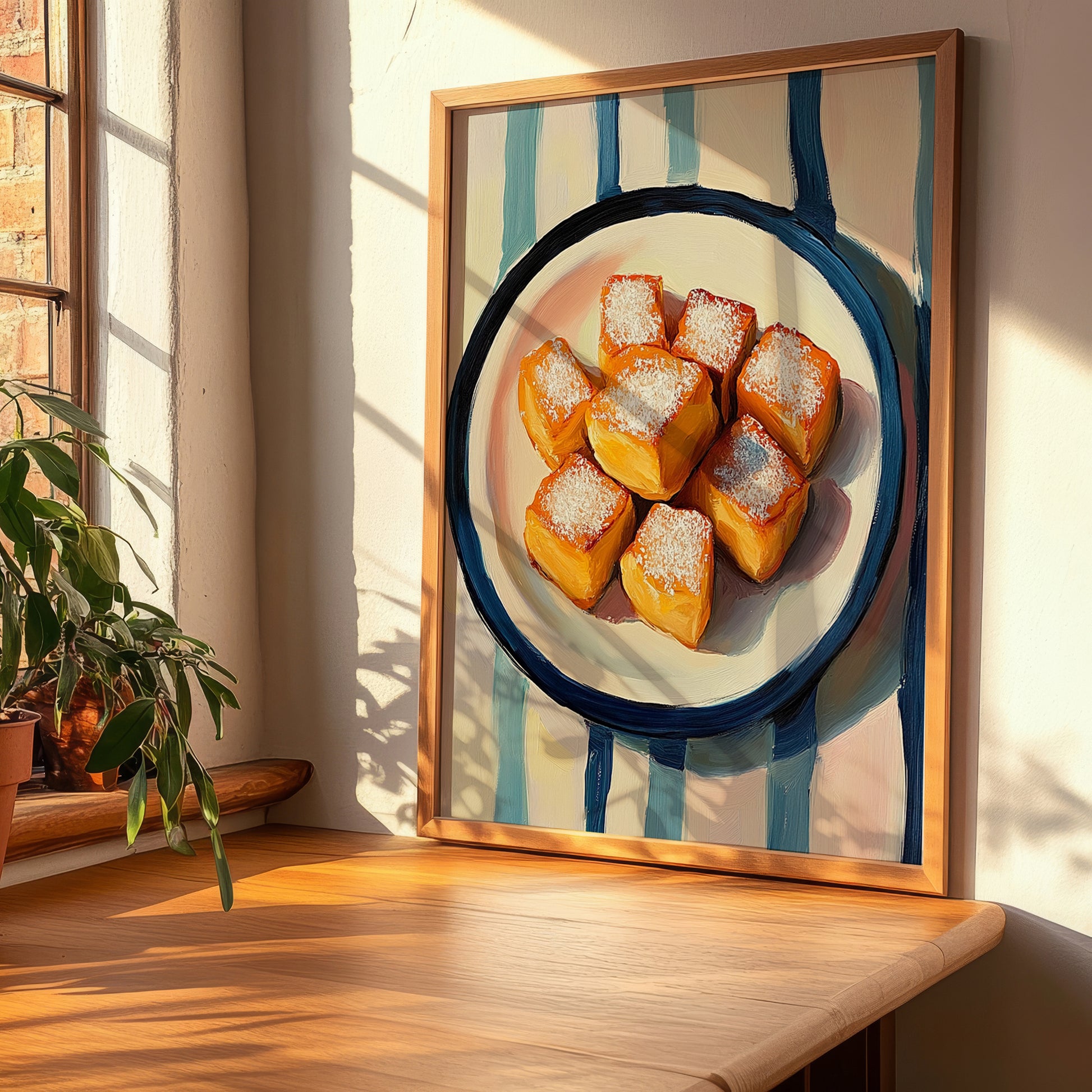Leche Frita – on Striped Tablecloth, Spanish Dessert Wall Decor, clean layout with no caption