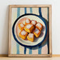 Leche Frita – on Striped Tablecloth, Spanish Dessert Wall Decor, no-text version framed in wood