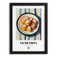 Leche Frita – on Striped Tablecloth, Spanish Dessert Wall Decor, in sleek black frame