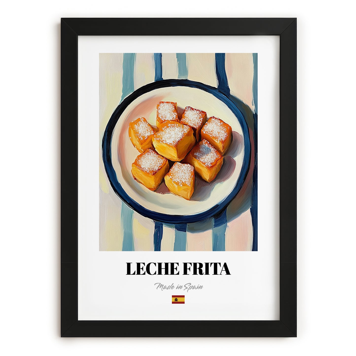Leche Frita – on Striped Tablecloth, Spanish Dessert Wall Decor, in sleek black frame