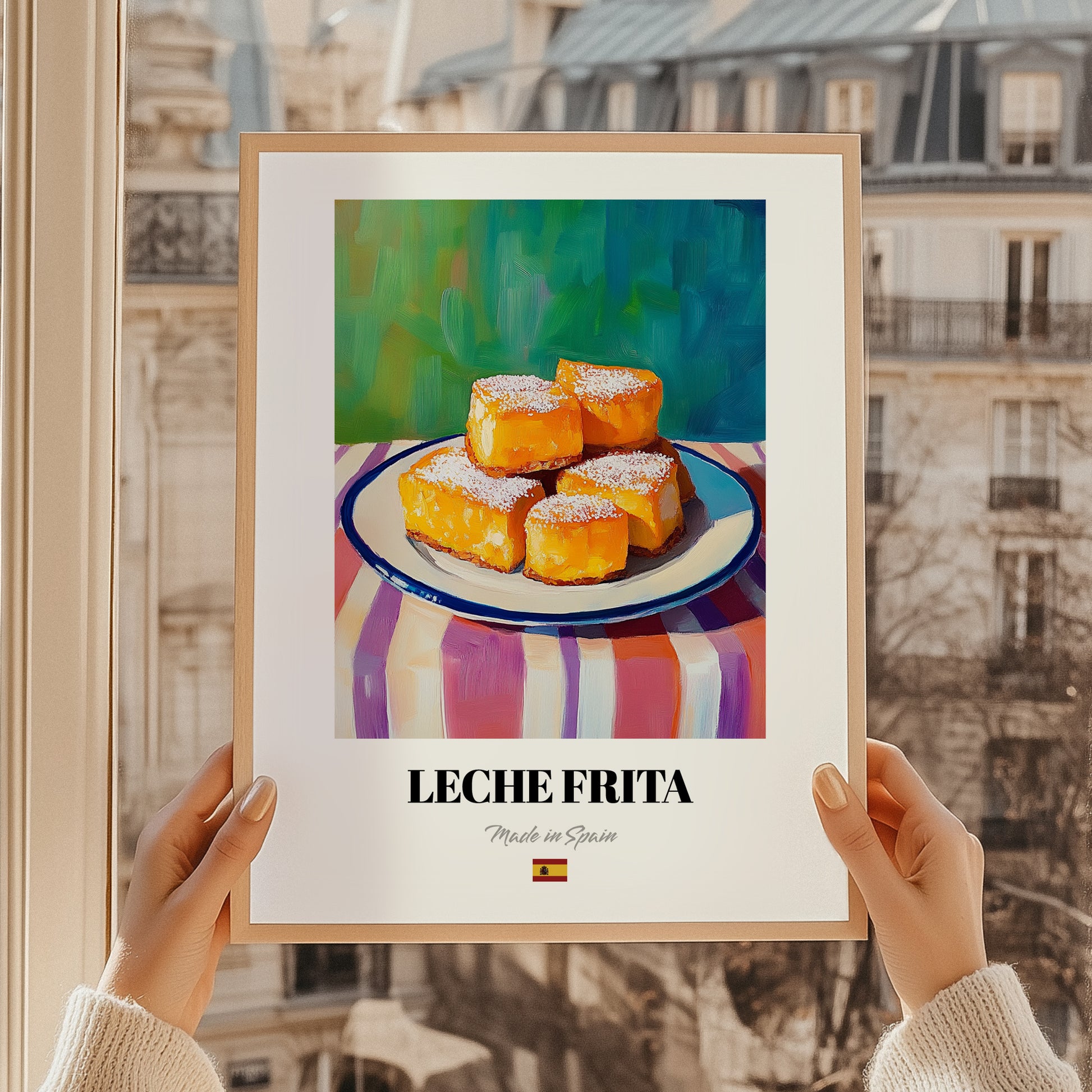 Leche Frita – Art, Spanish Dessert Illustration, styled in a charming Paris street view
