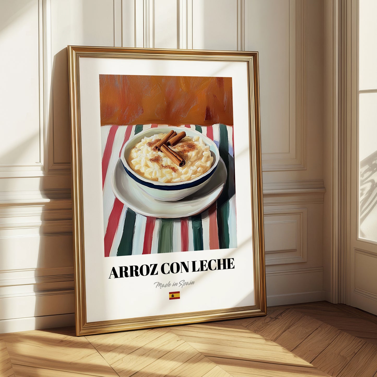 Arroz con Leche – on Striped Tablecloth, Spanish Dessert Wall Art 