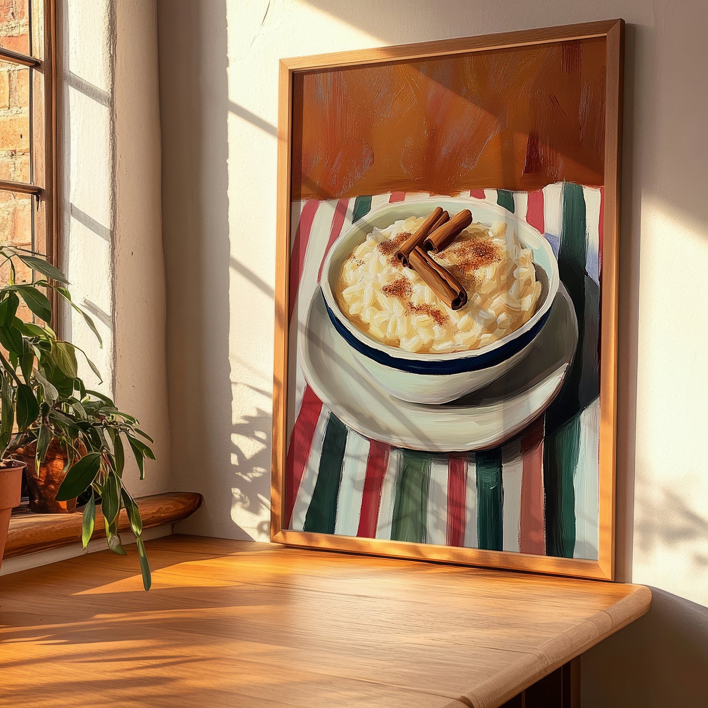 Arroz con Leche – on Striped Tablecloth, Spanish Dessert Wall Art, clean layout with no caption