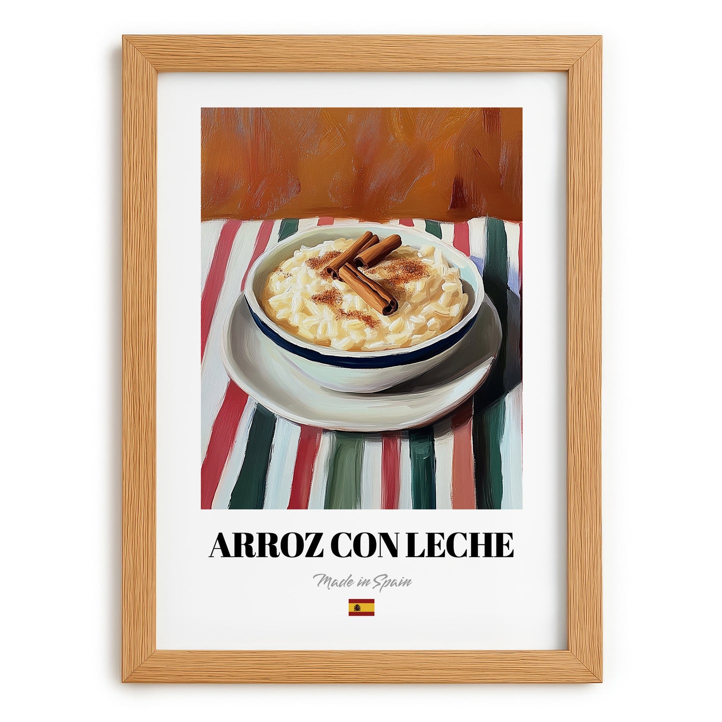 Arroz con Leche – on Striped Tablecloth, Spanish Dessert Wall Art, set in oak frame