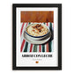 Arroz con Leche – on Striped Tablecloth, Spanish Dessert Wall Art, in sleek black frame