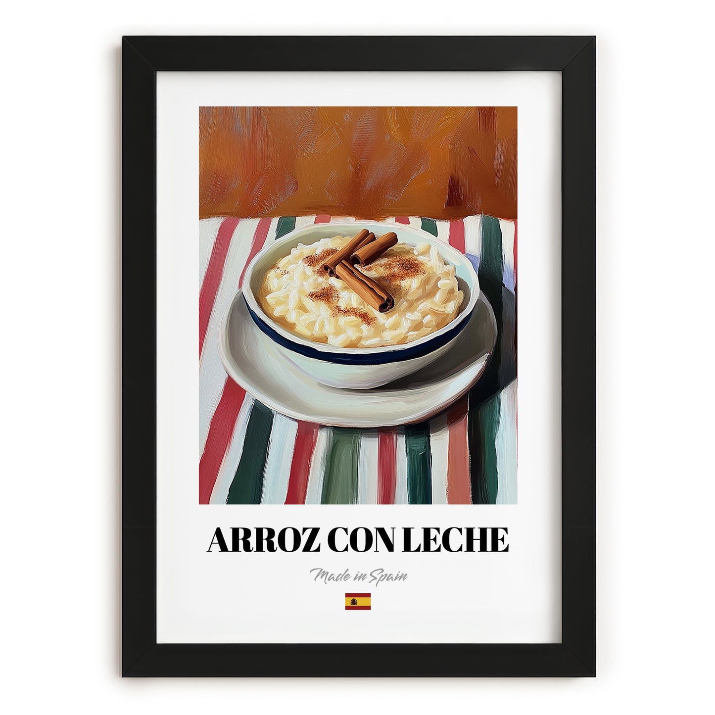 Arroz con Leche – on Striped Tablecloth, Spanish Dessert Wall Art, in sleek black frame
