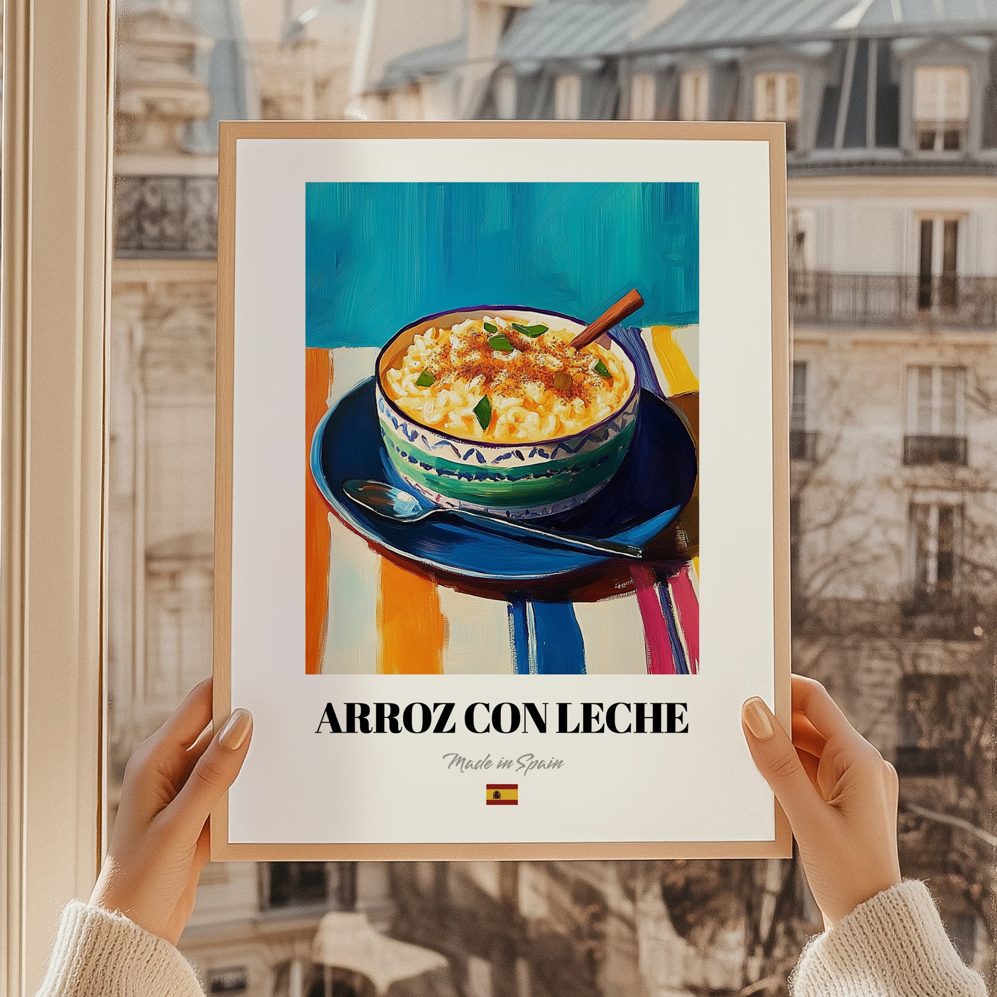 Arroz con Leche – Art, Spanish Dessert Painting, styled in a charming Paris street view
