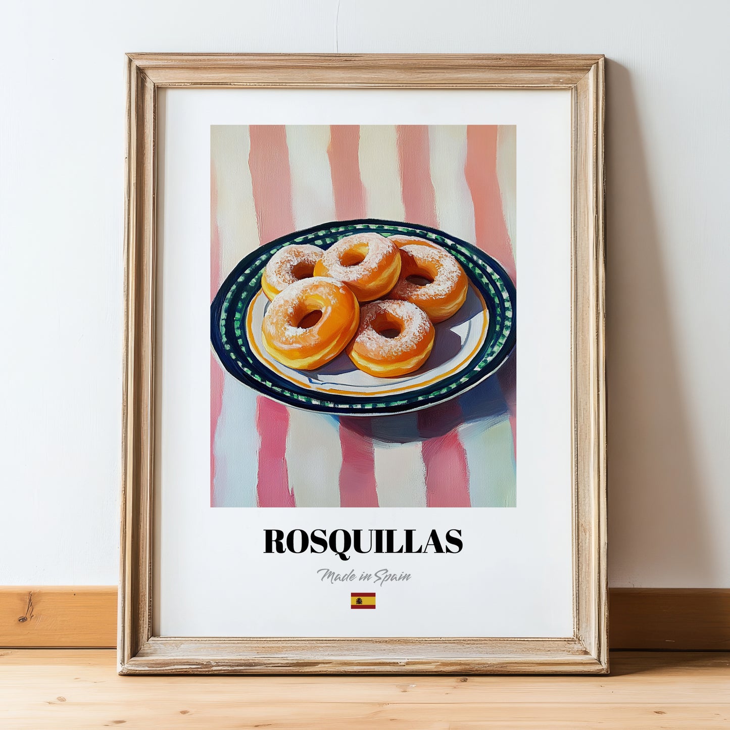 Rosquillas – on Striped Tablecloth, Spanish Dessert Illustration, in wooden frame leaning on the floor