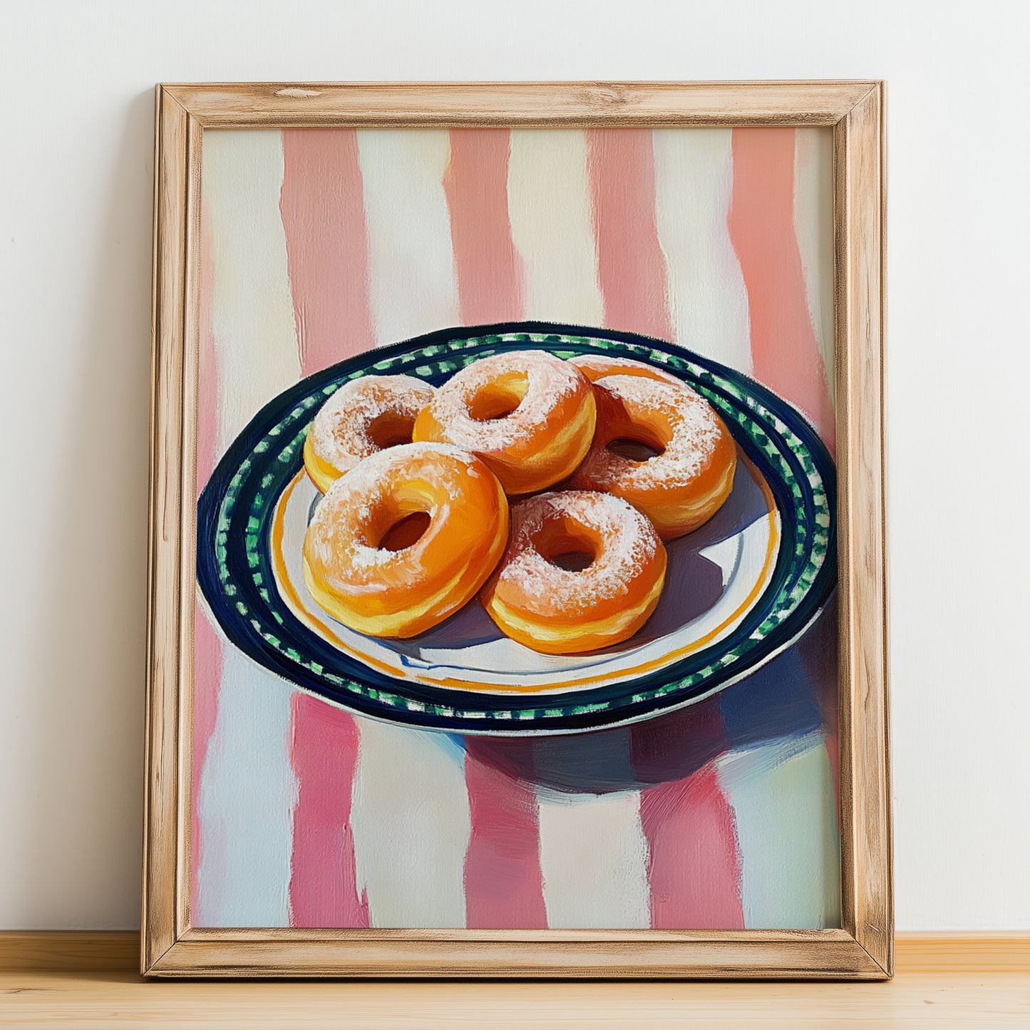 Rosquillas – on Striped Tablecloth, Spanish Dessert Illustration, no-text version framed in wood