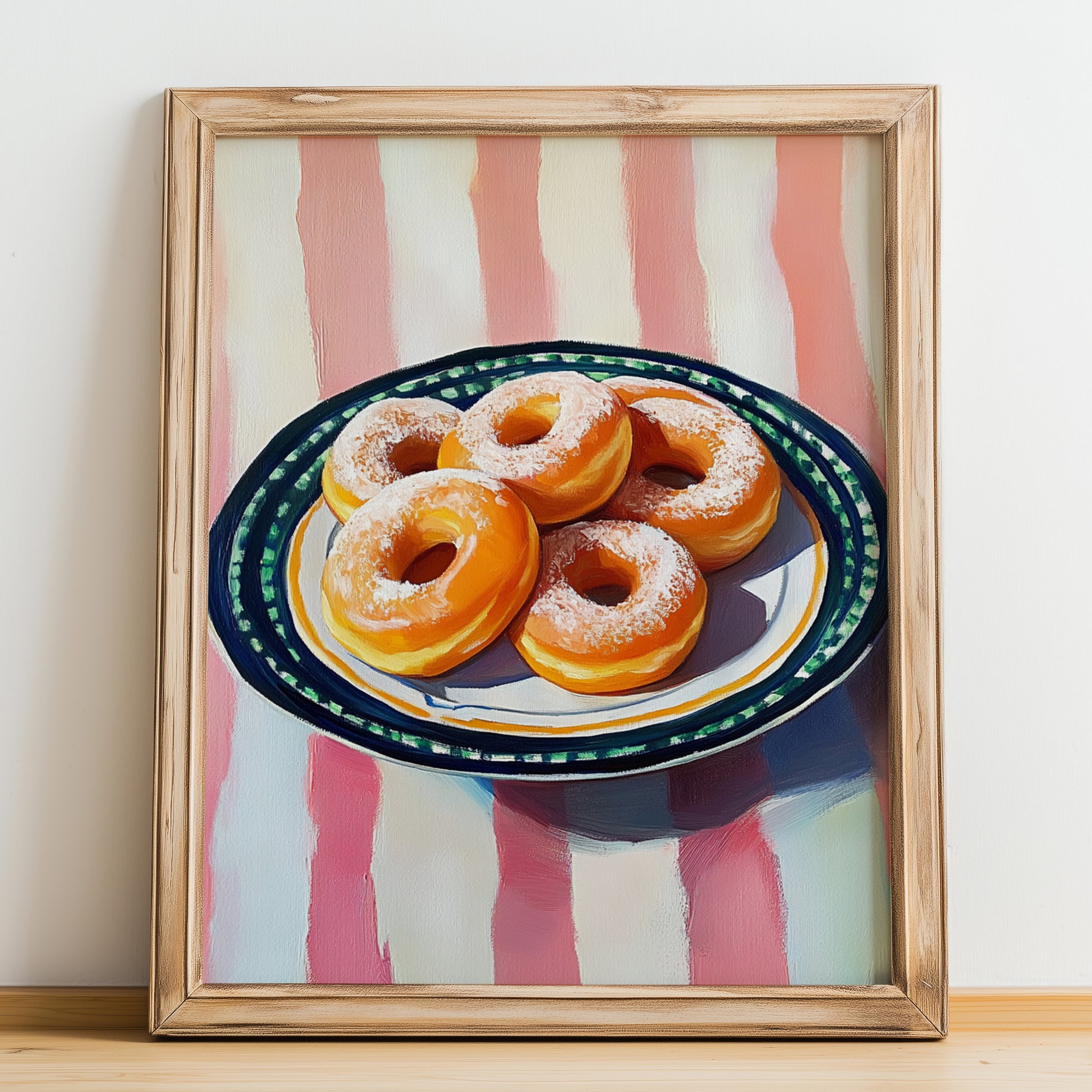 Rosquillas – on Striped Tablecloth, Spanish Dessert Illustration, no-text version framed in wood