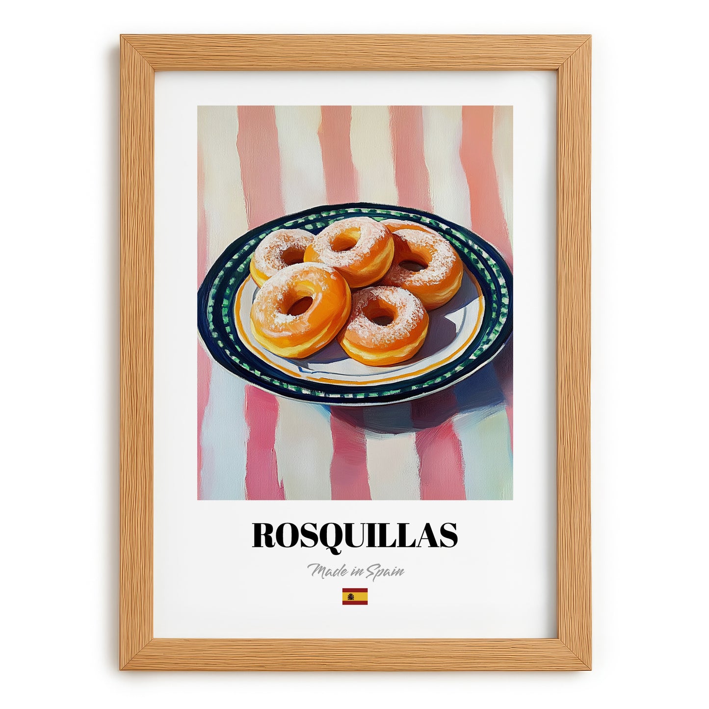Rosquillas – on Striped Tablecloth, Spanish Dessert Illustration, set in oak frame