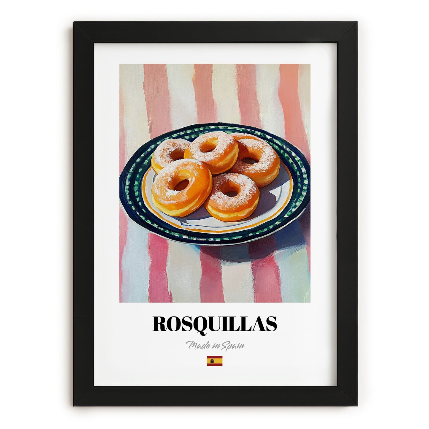 Rosquillas – on Striped Tablecloth, Spanish Dessert Illustration, in sleek black frame