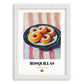 Rosquillas – on Striped Tablecloth, Spanish Dessert Illustration, placed in minimal white frame