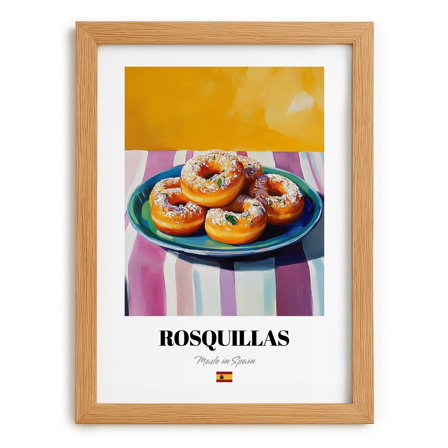Rosquillas – Colorful Oil Painting, Spanish Dessert Wall Decor, set in oak frame