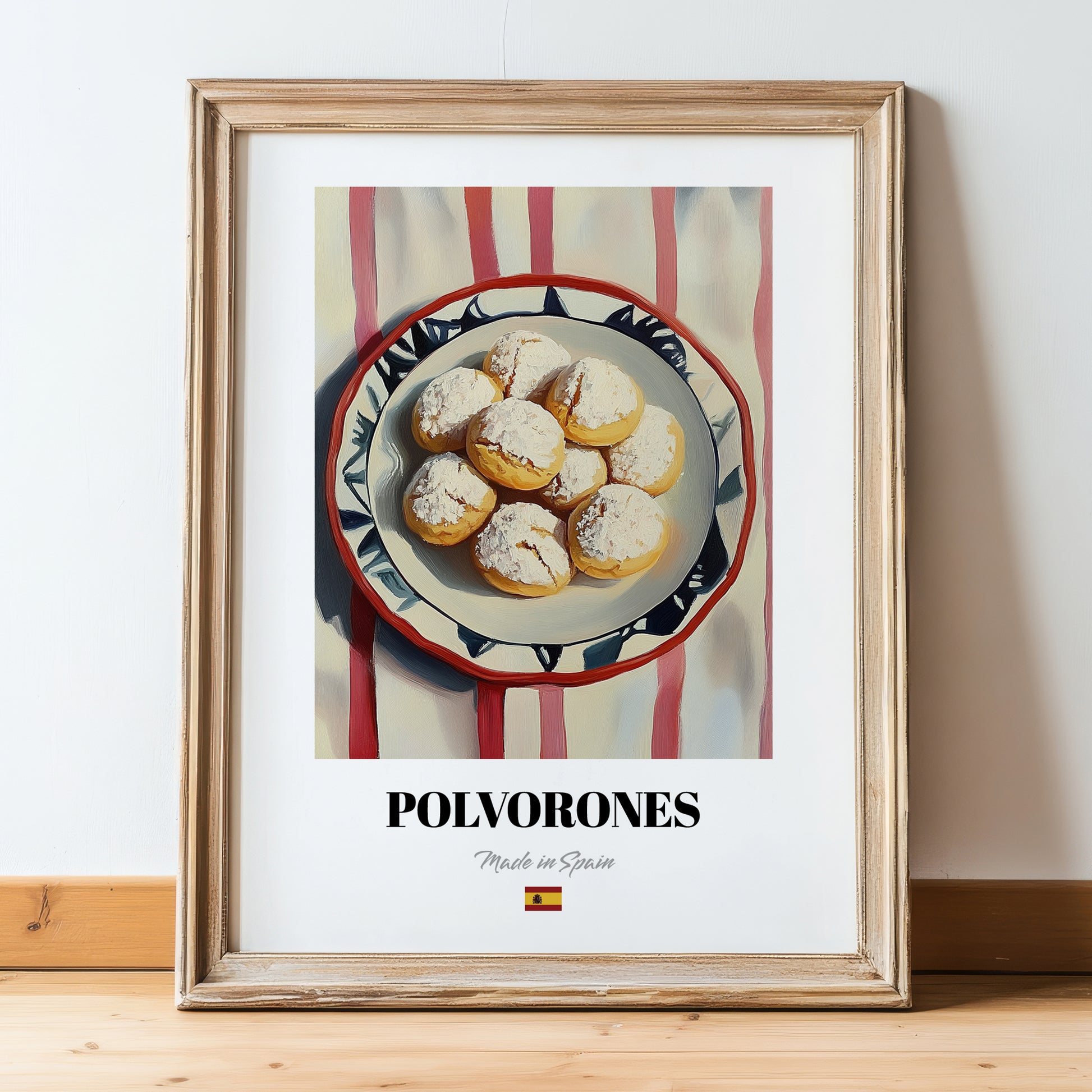 Polvorones – on Striped Tablecloth, Spanish Dessert Wall Art, in wooden frame leaning on the floor