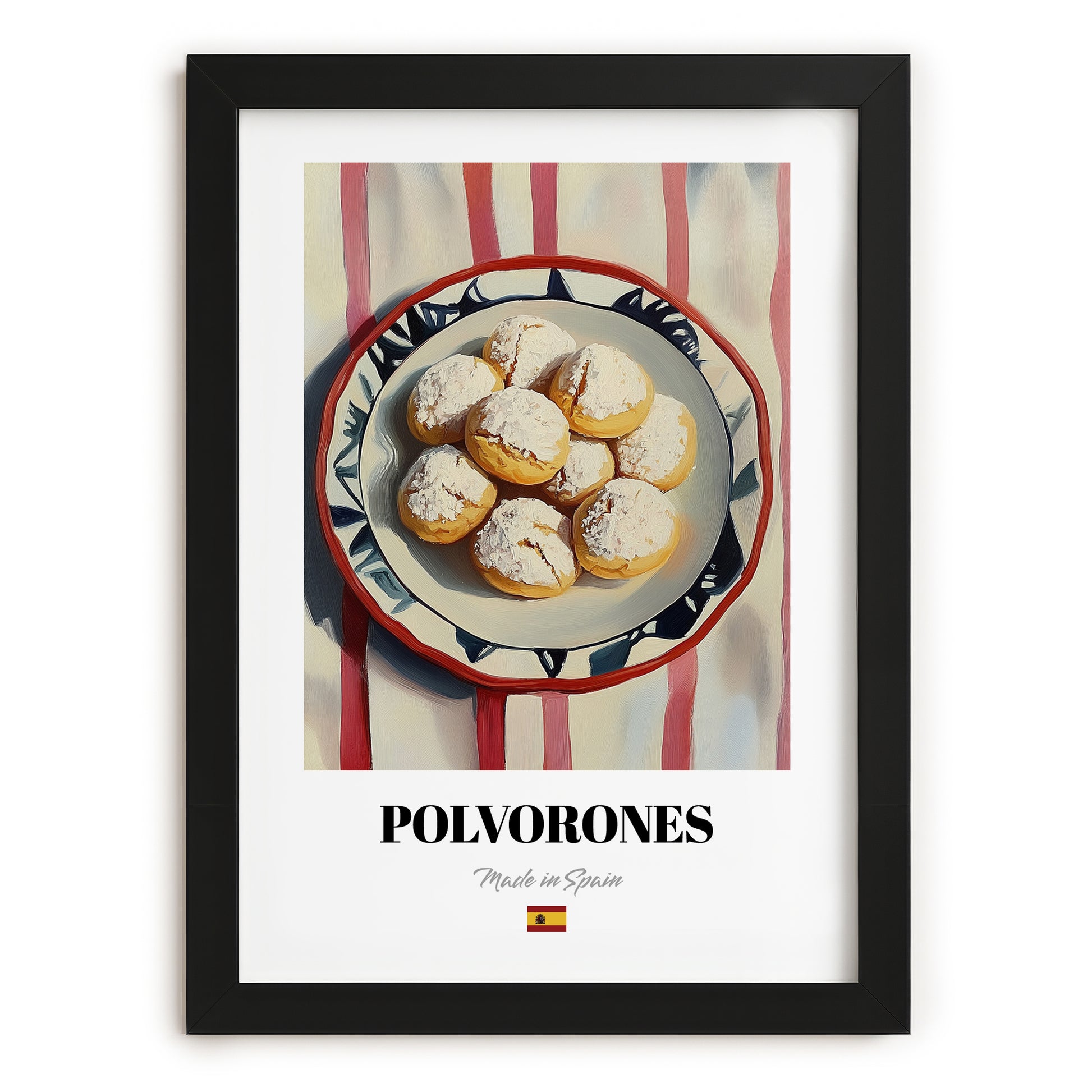 Polvorones – on Striped Tablecloth, Spanish Dessert Wall Art, in sleek black frame