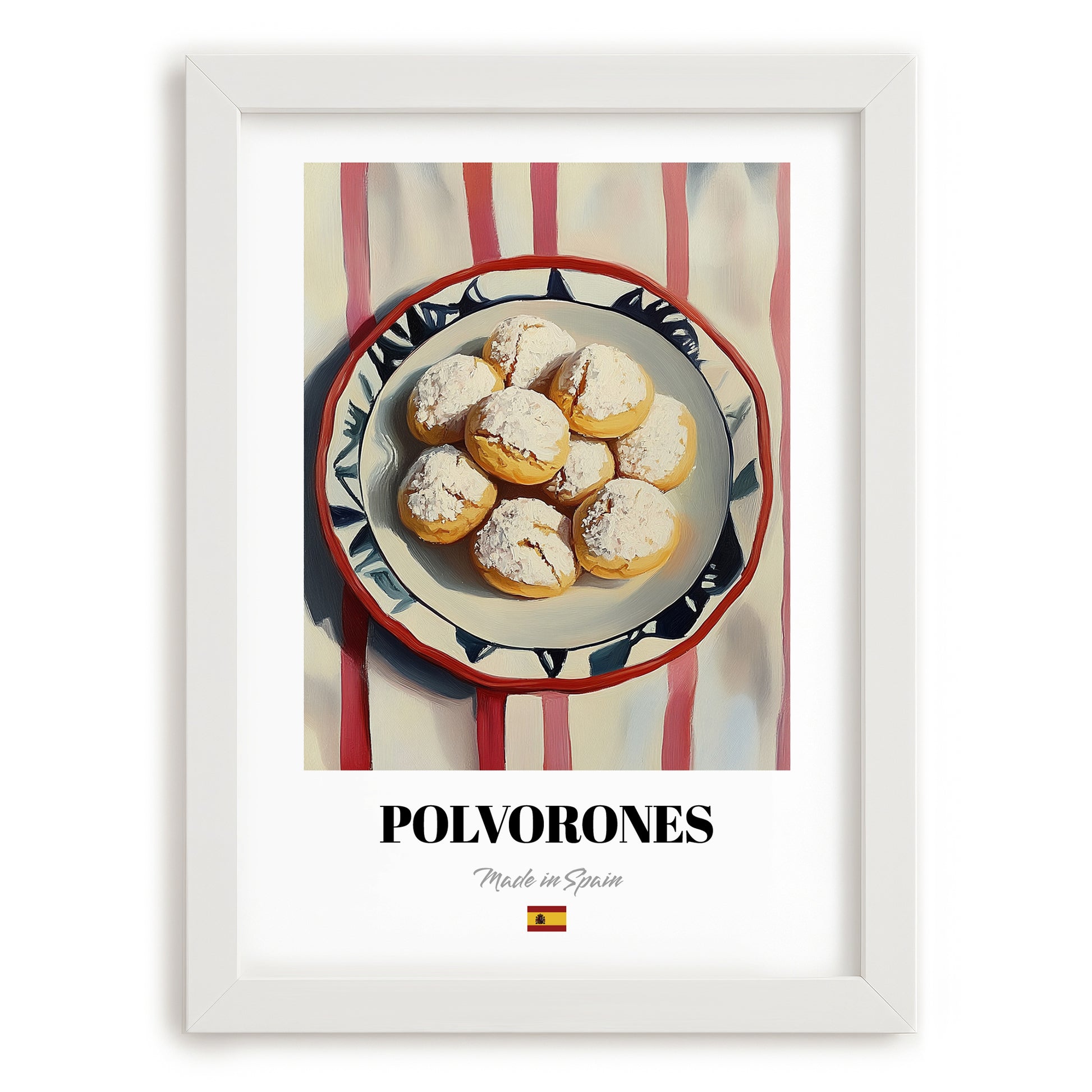 Polvorones – on Striped Tablecloth, Spanish Dessert Wall Art, placed in minimal white frame