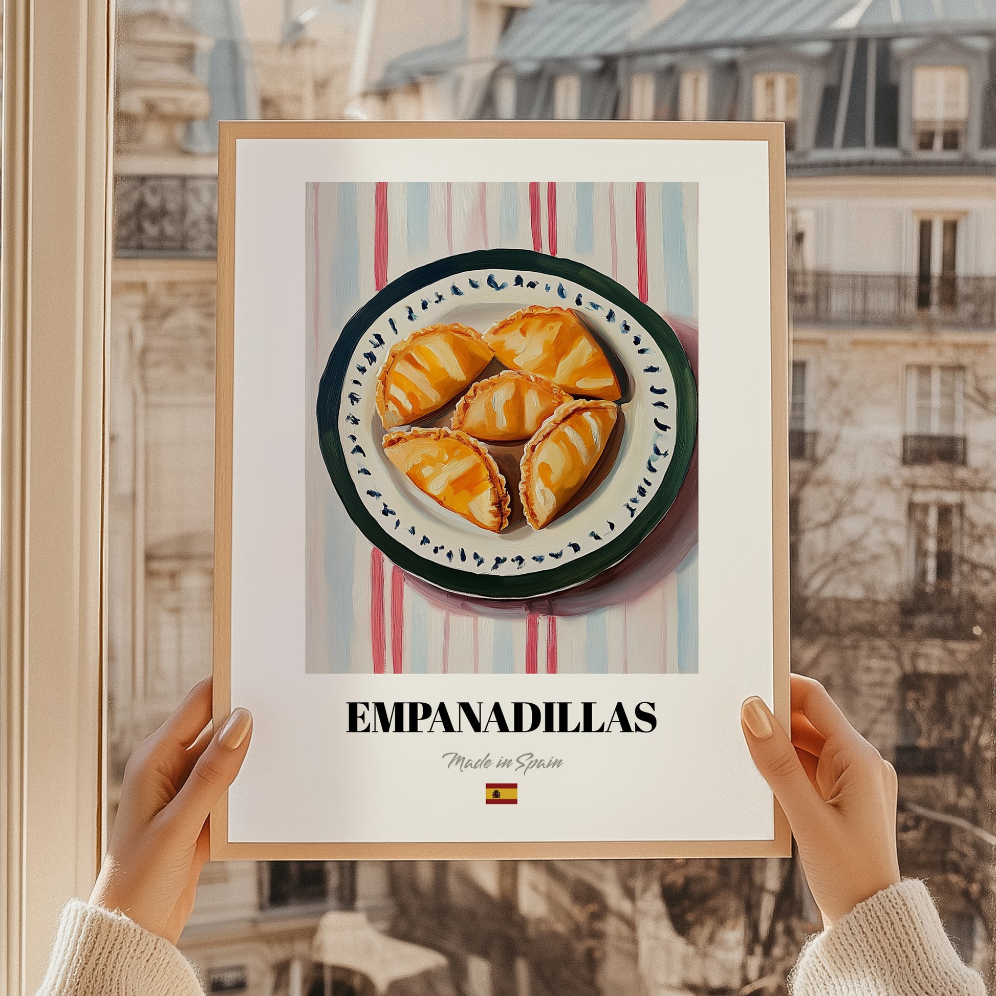 Empanadillas – on Striped Tablecloth, Spanish Pastry Wall Art, styled in a charming Paris street view