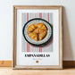 Empanadillas – on Striped Tablecloth, Spanish Pastry Wall Art, in wooden frame leaning on the floor