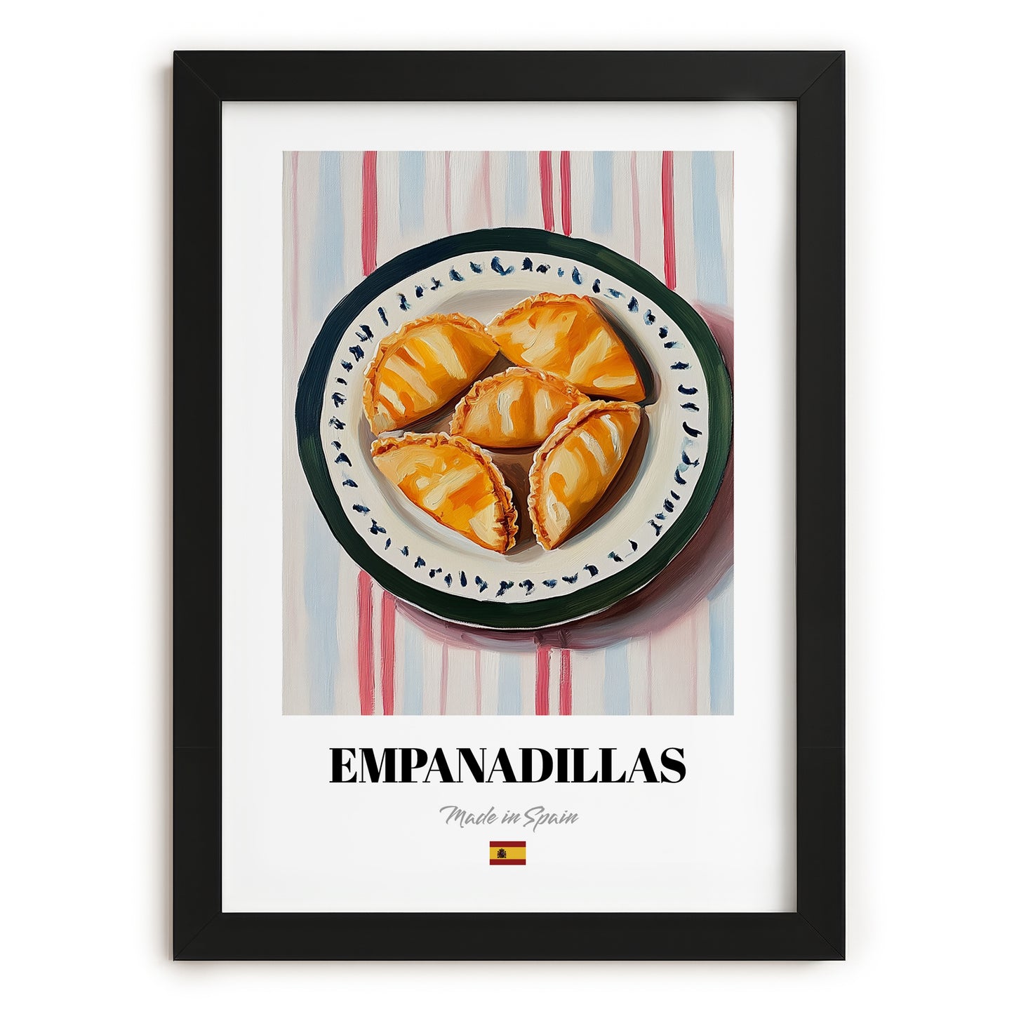 Empanadillas – on Striped Tablecloth, Spanish Pastry Wall Art, in sleek black frame