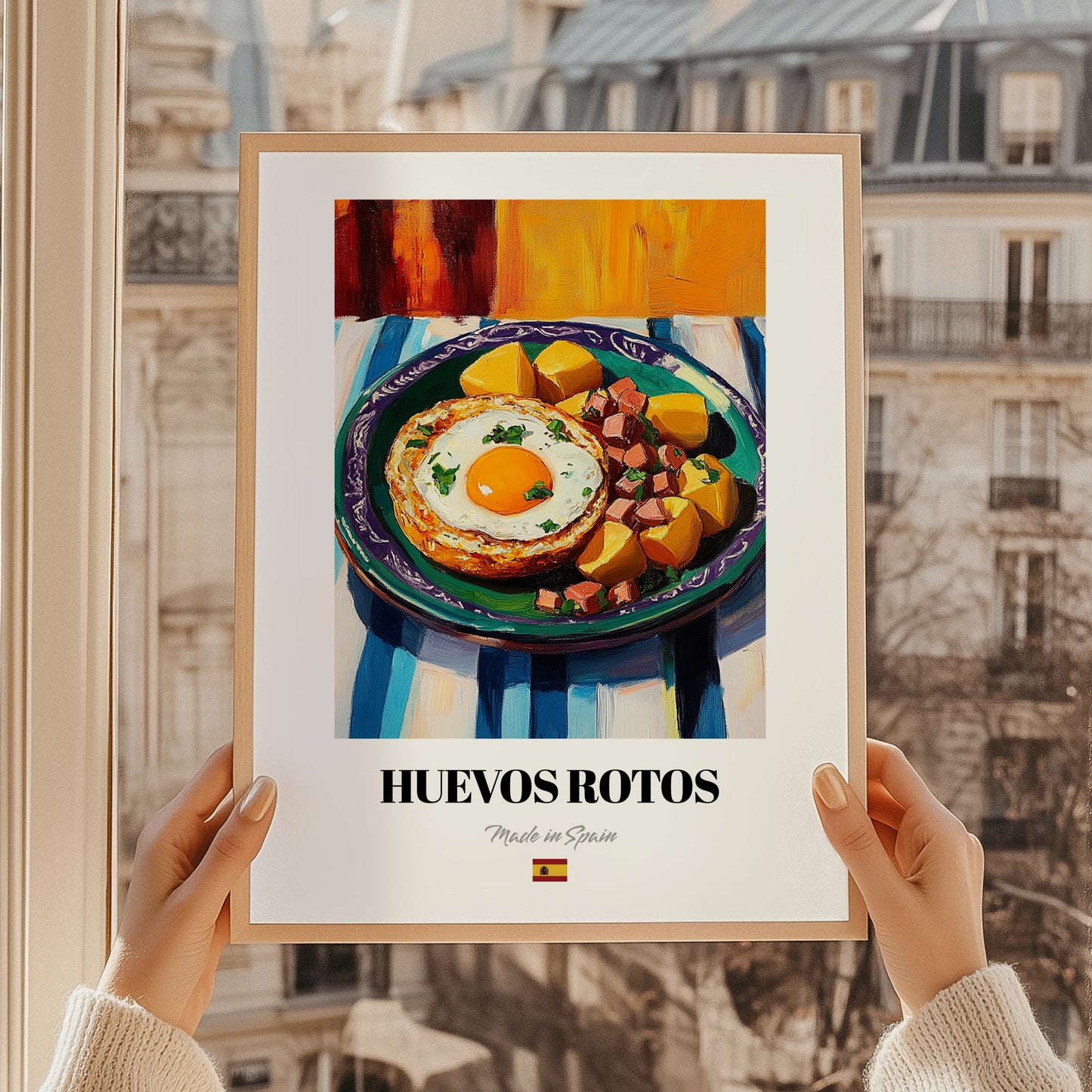 Huevos Rotos – Colorful Oil Painting, Spanish Food Poster, styled in a charming Paris street view