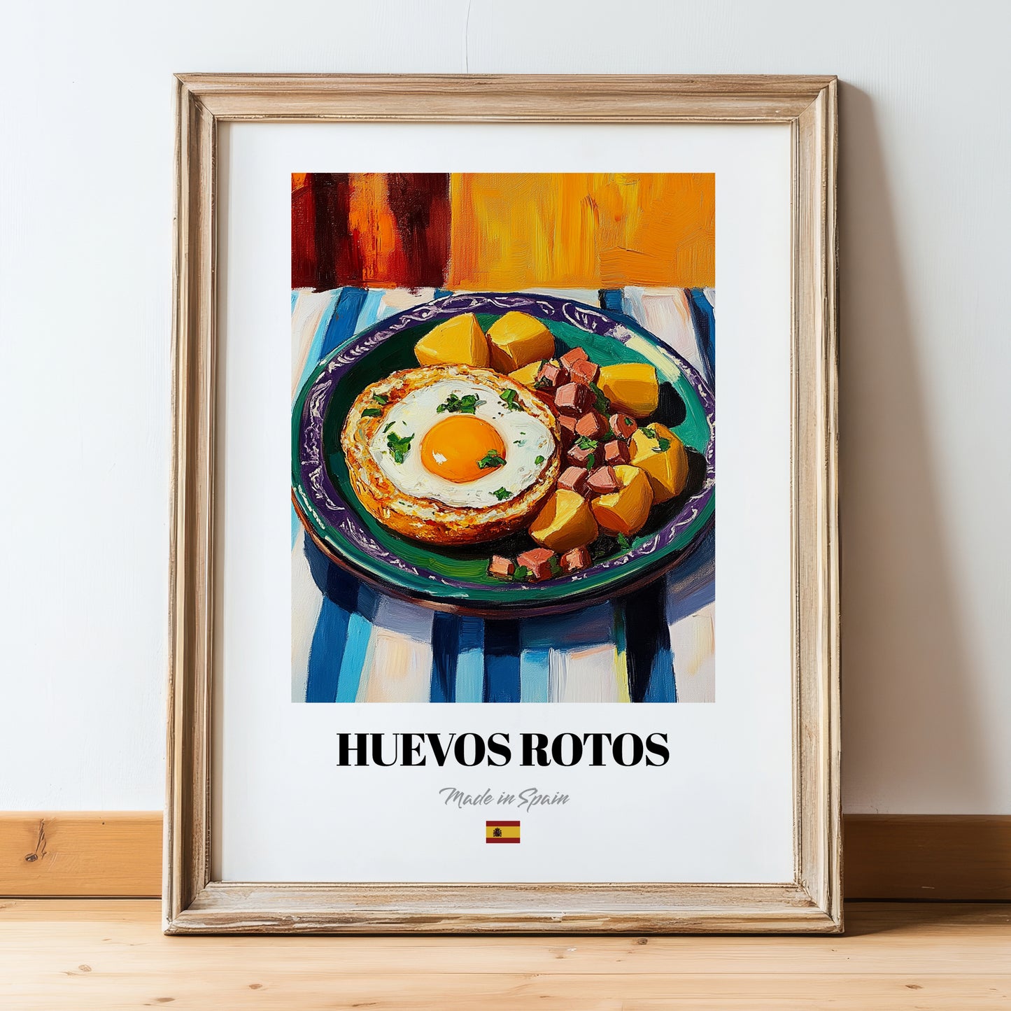 Huevos Rotos – Colorful Oil Painting, Spanish Food Poster, in wooden frame leaning on the floor