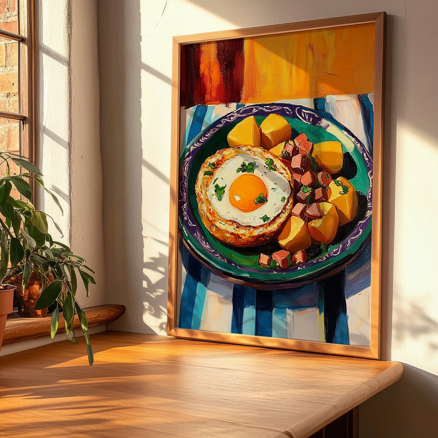 Huevos Rotos – Colorful Oil Painting, Spanish Food Poster, clean layout with no caption