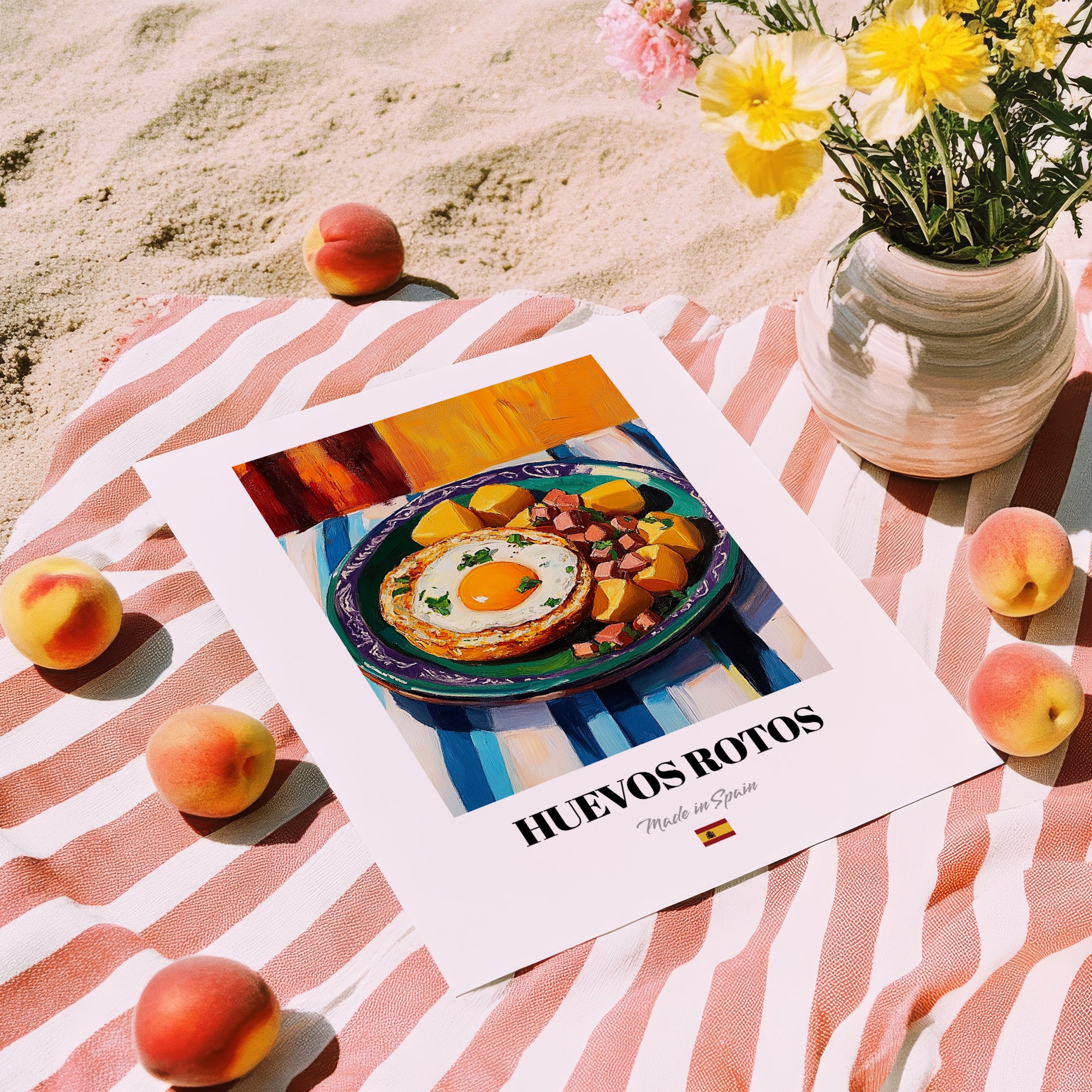 Huevos Rotos – Colorful Oil Painting, Spanish Food Poster, unframed on coastal sand