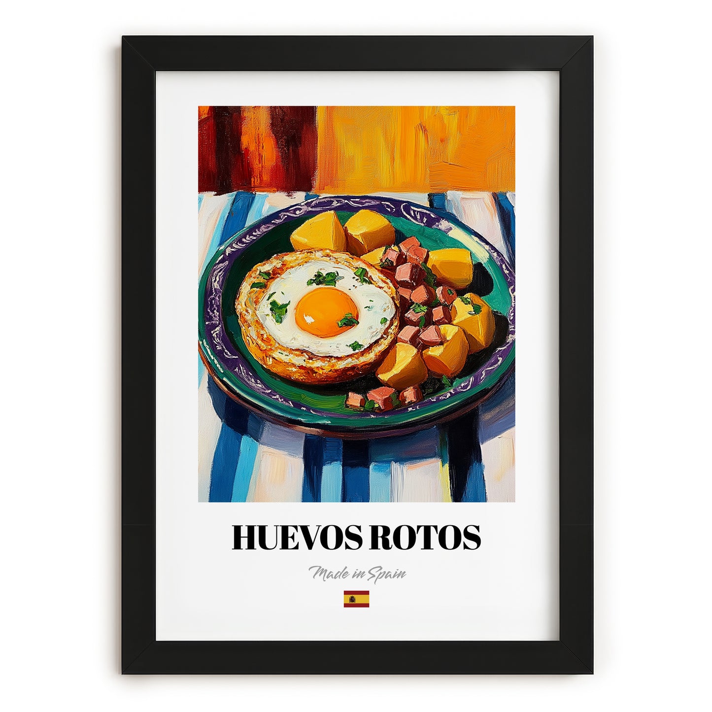 Huevos Rotos – Colorful Oil Painting, Spanish Food Poster, in sleek black frame