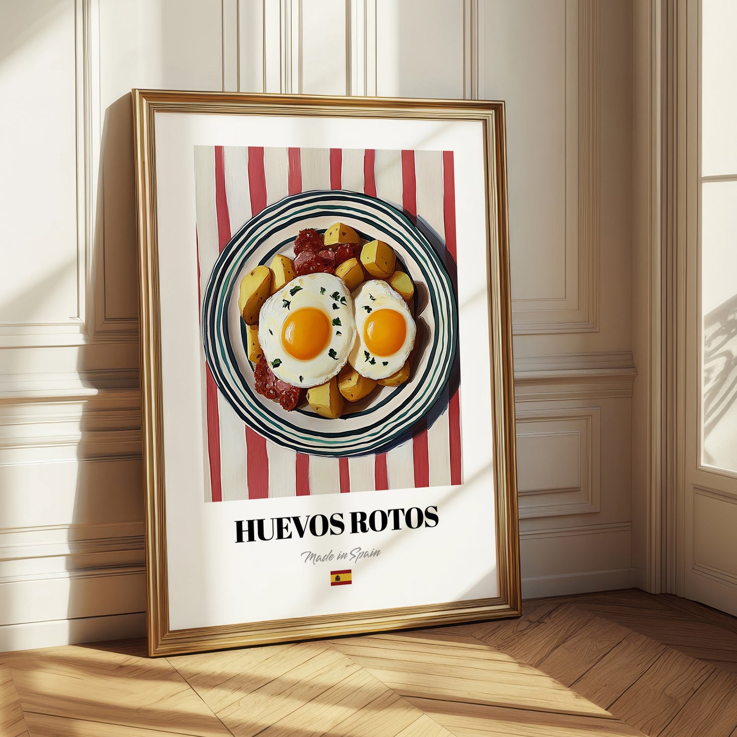 Huevos Rotos – on Striped Tablecloth, Spanish Food Wall Decor