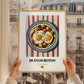 Huevos Rotos – on Striped Tablecloth, Spanish Food Wall Decor, styled in a charming Paris street view