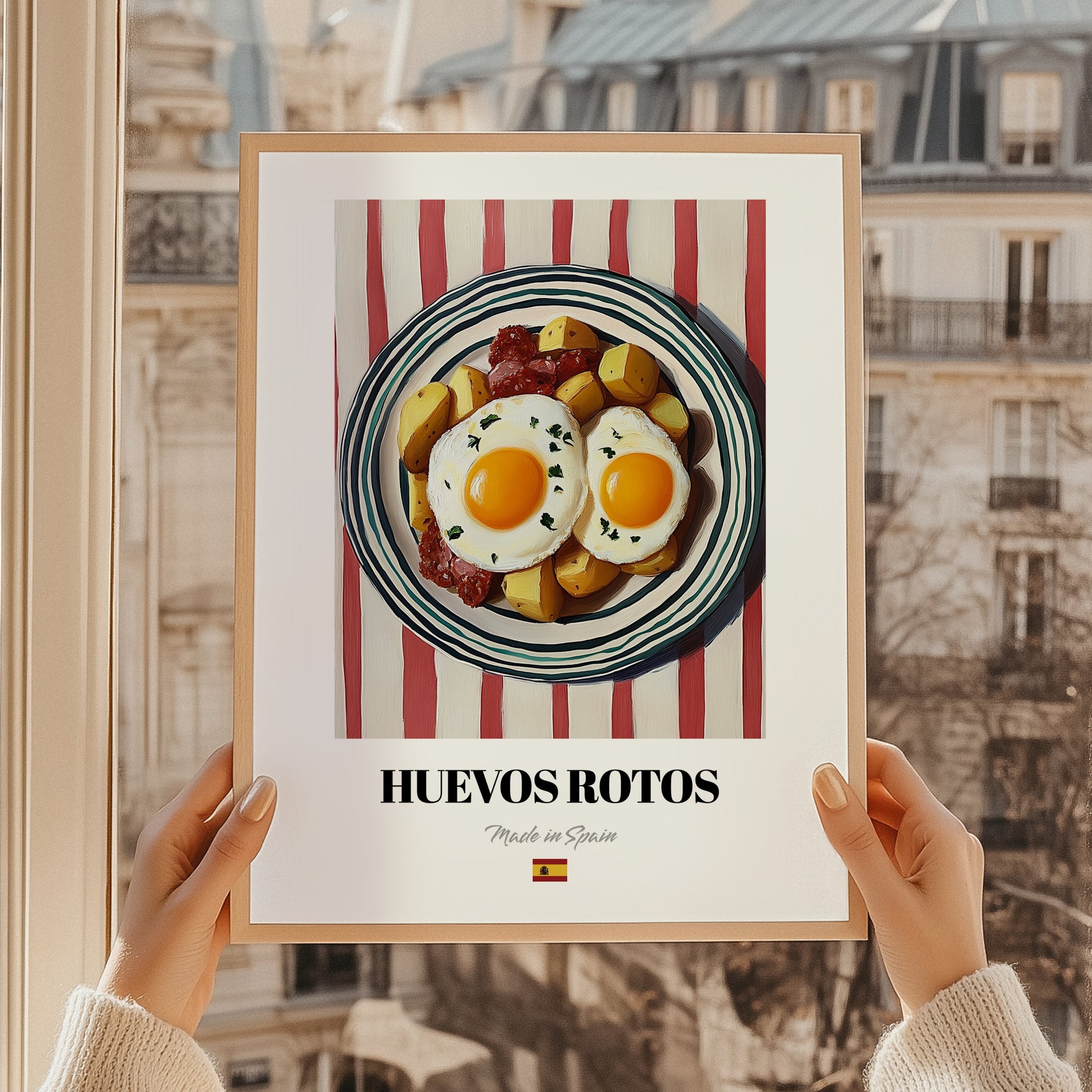 Huevos Rotos – on Striped Tablecloth, Spanish Food Wall Decor, styled in a charming Paris street view