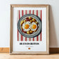 Huevos Rotos – on Striped Tablecloth, Spanish Food Wall Decor, in wooden frame leaning on the floor