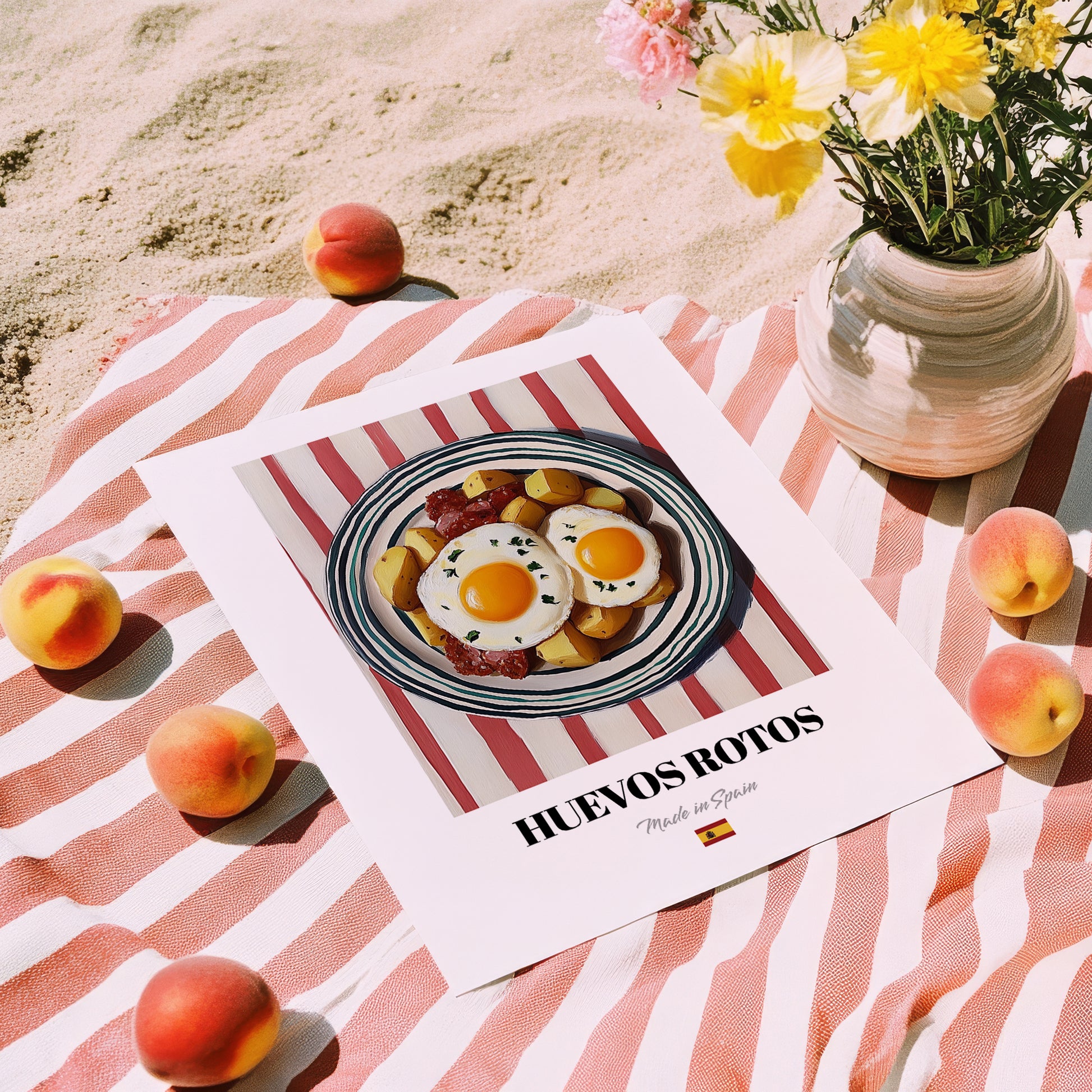 Huevos Rotos – on Striped Tablecloth, Spanish Food Wall Decor, unframed on coastal sand