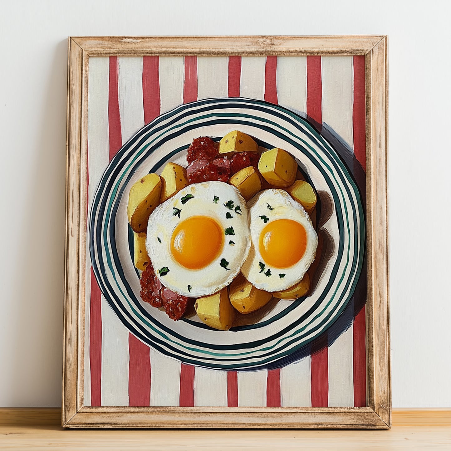 Huevos Rotos – on Striped Tablecloth, Spanish Food Wall Decor, no-text version framed in wood