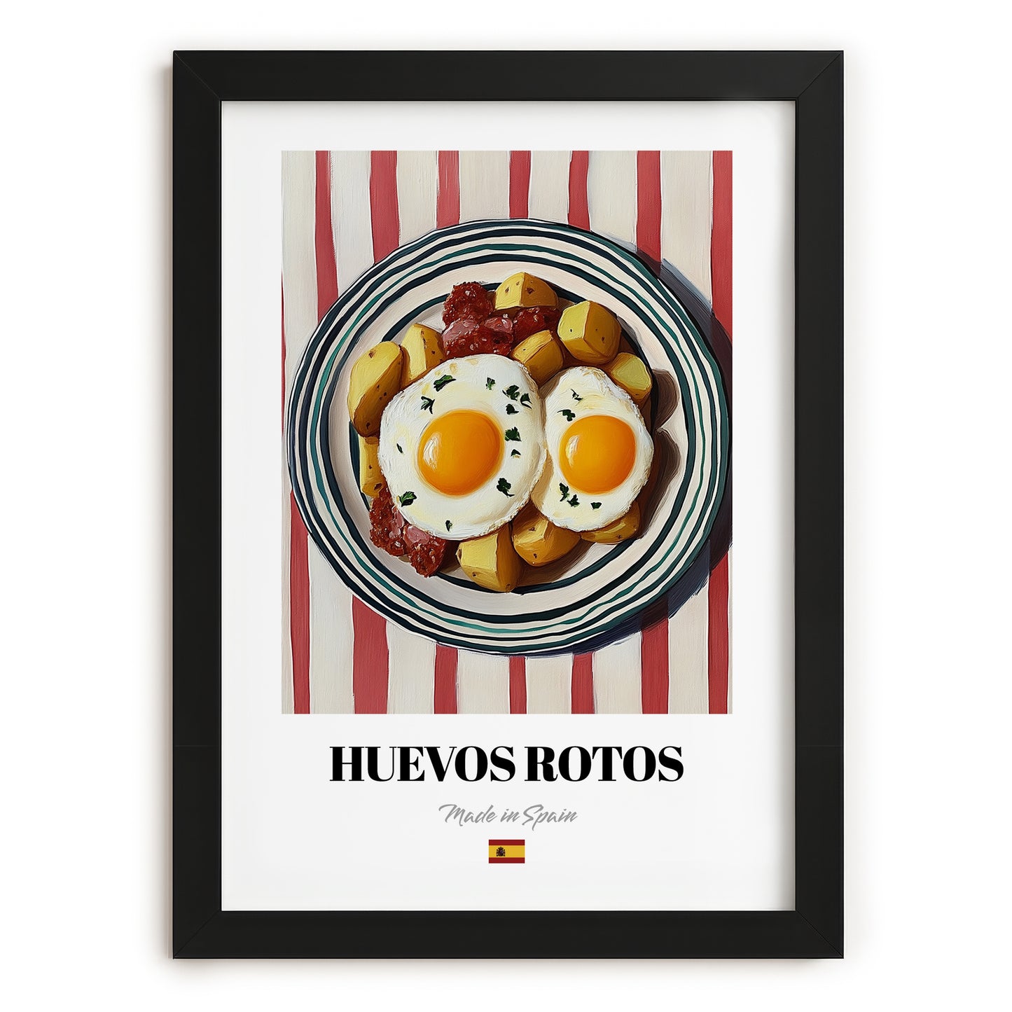 Huevos Rotos – on Striped Tablecloth, Spanish Food Wall Decor, in sleek black frame
