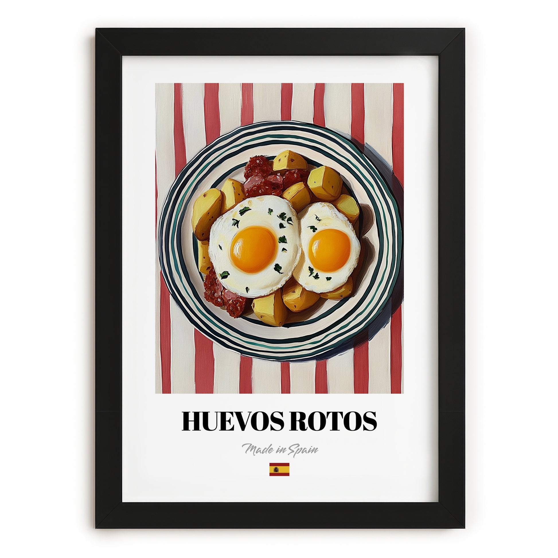 Huevos Rotos – on Striped Tablecloth, Spanish Food Wall Decor, in sleek black frame
