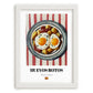 Huevos Rotos – on Striped Tablecloth, Spanish Food Wall Decor, placed in minimal white frame