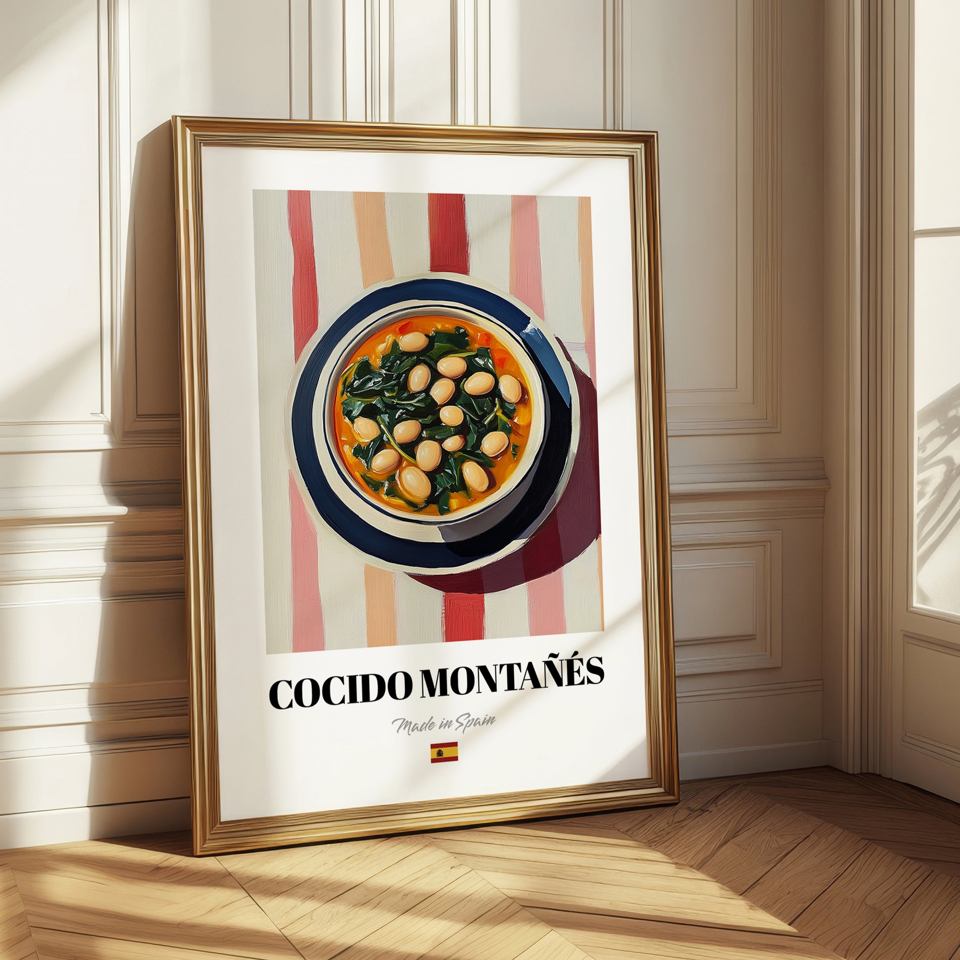 Cocido Montañés – on Striped Tablecloth, Spanish Food Painting