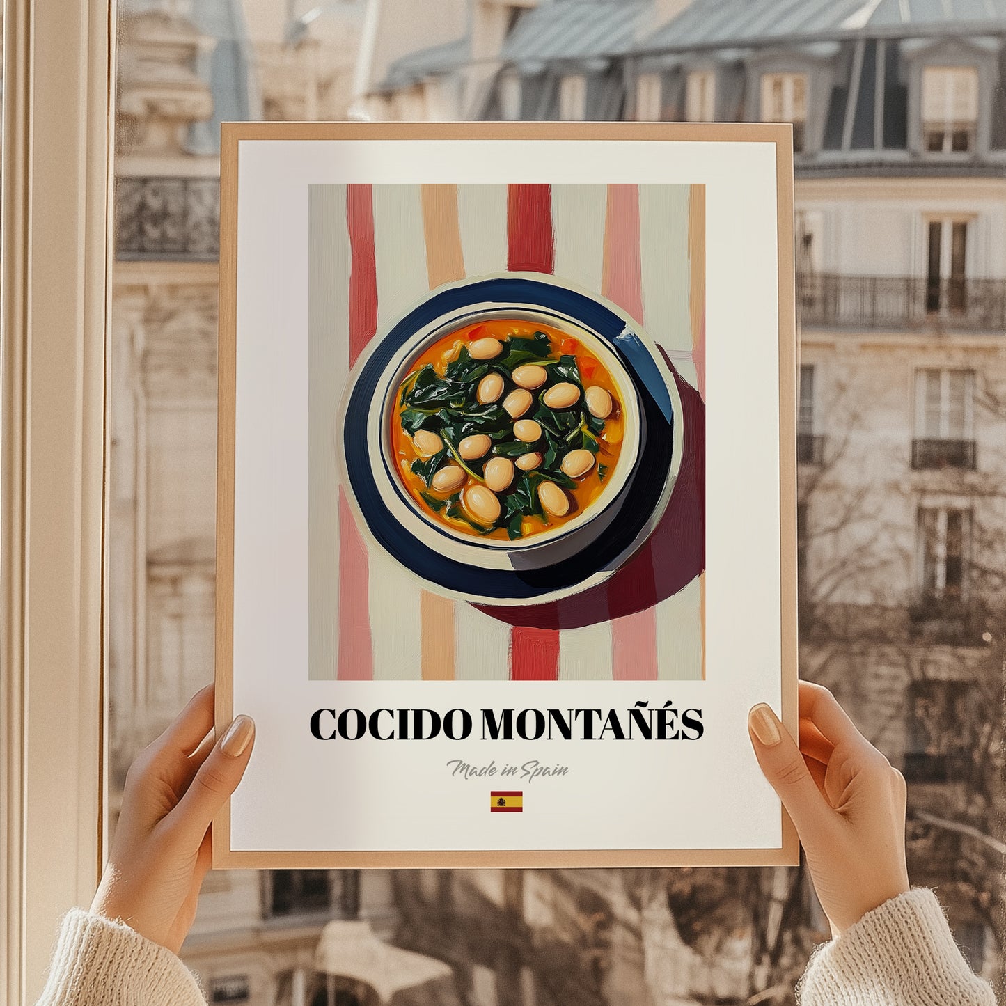 Cocido Montañés – on Striped Tablecloth, Spanish Food Painting, styled in a charming Paris street view